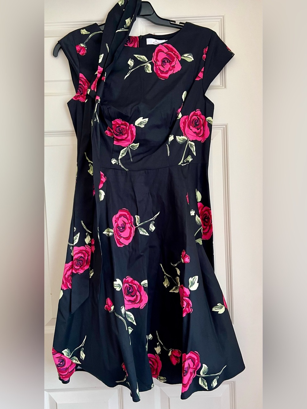 Dressystar Floral Fit & Flare Dress - Black with Pink Rose Print